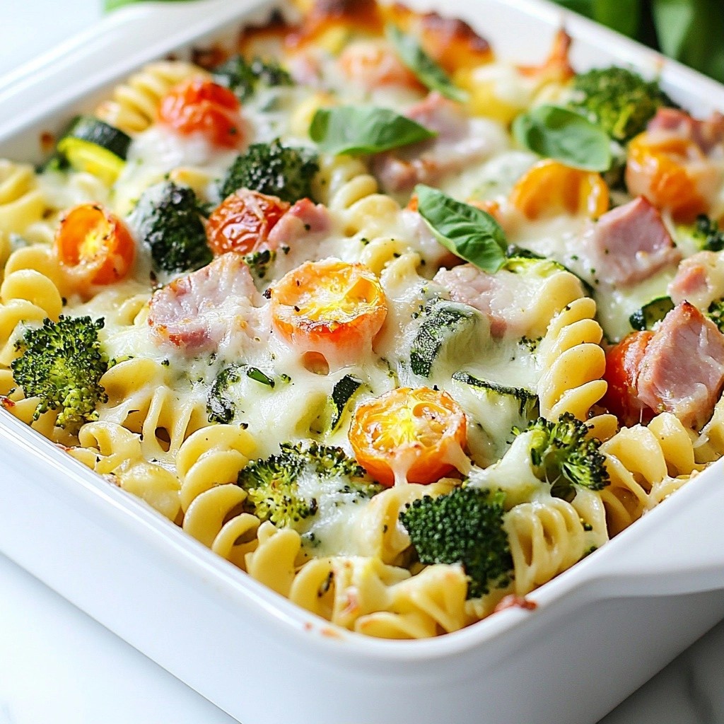Baked Cheesy Vegetable and Turkey Ham Pasta Delight
