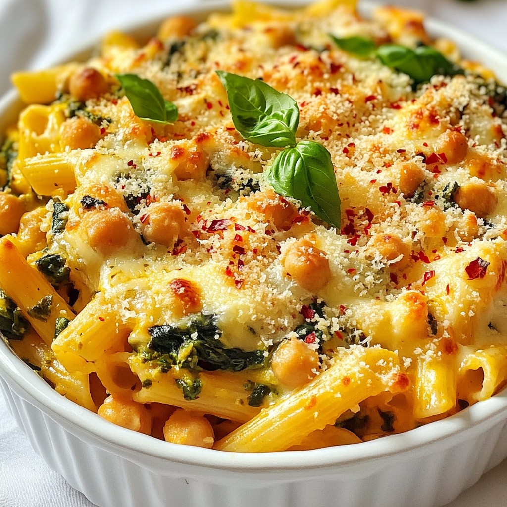 Baked Cheesy Spinach and Chickpea Pasta Delight